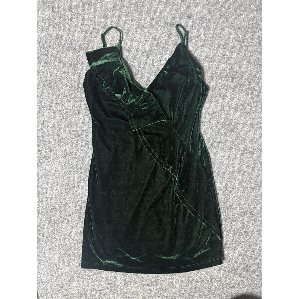 Lovers + Friends Dress Womens XS Green Velvet Bodycon Slip Mini Ruffle Party